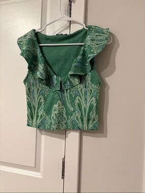 Zara Green Paisley Ruffle V-Neck Crop Top